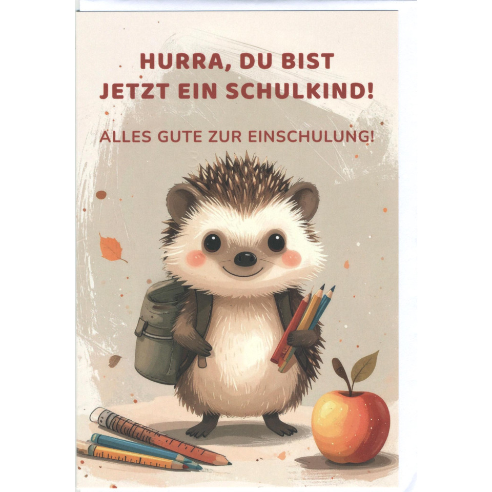 Einschulungskarte, Igelmotiv, Schulranzen, Buntstifte, Glückwunschkarte