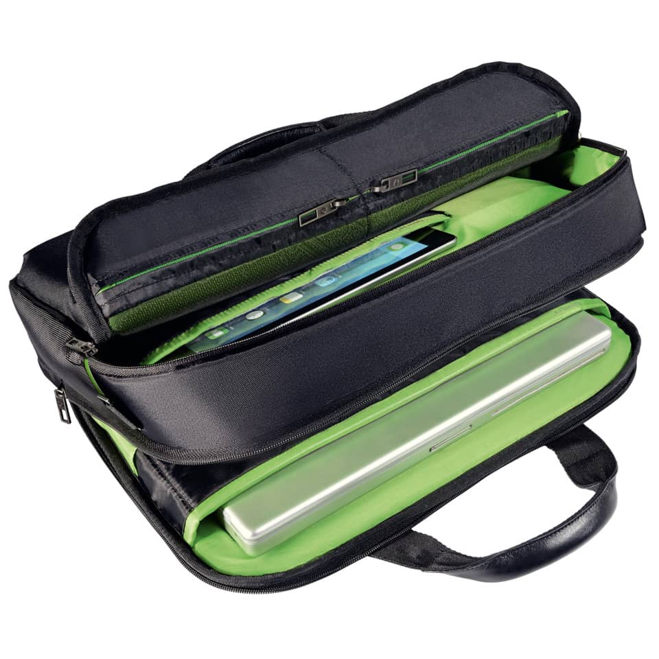 Schultertasche, Glasreissverschluss, Tabletfach, Neongrün Innen, Ladegerät+Strombank Taschenlayout
