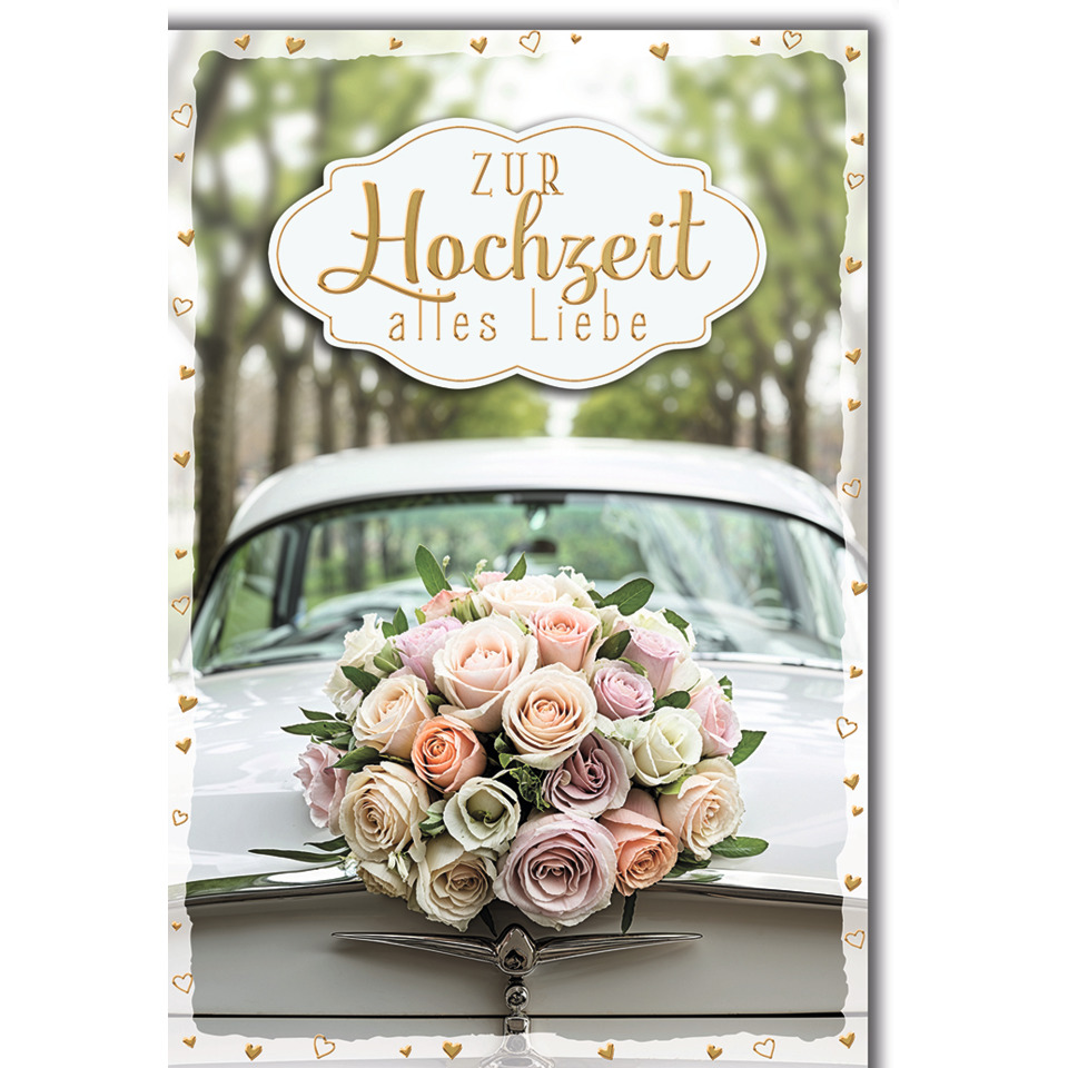 hochzeit, bouquet, rosen, auto, deko