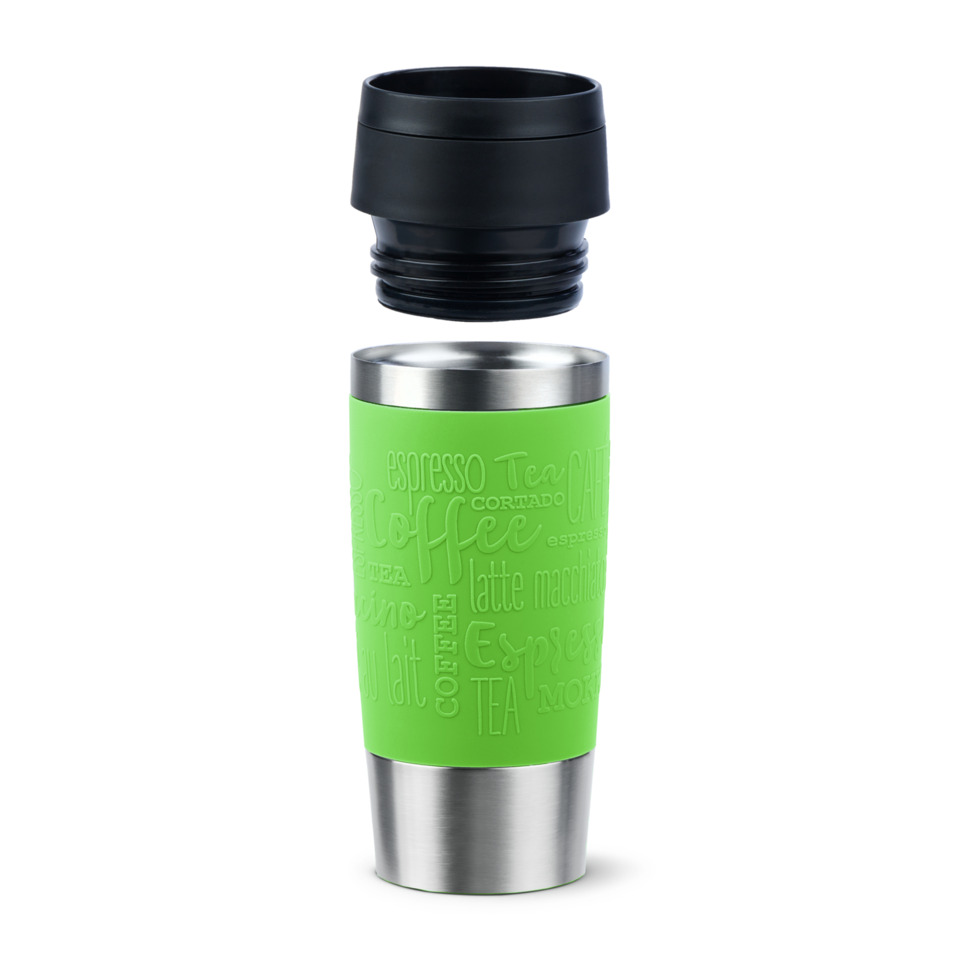 Thermal tumbler, Travel mug, Green sleeve, Stainless steel, Leak-proof lid
