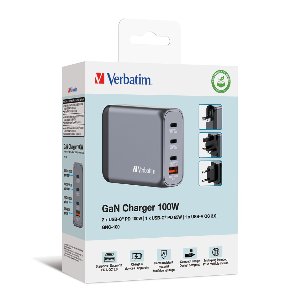 GaN Charger, Power Adapter, USB-C PD, 100W, Multi-port