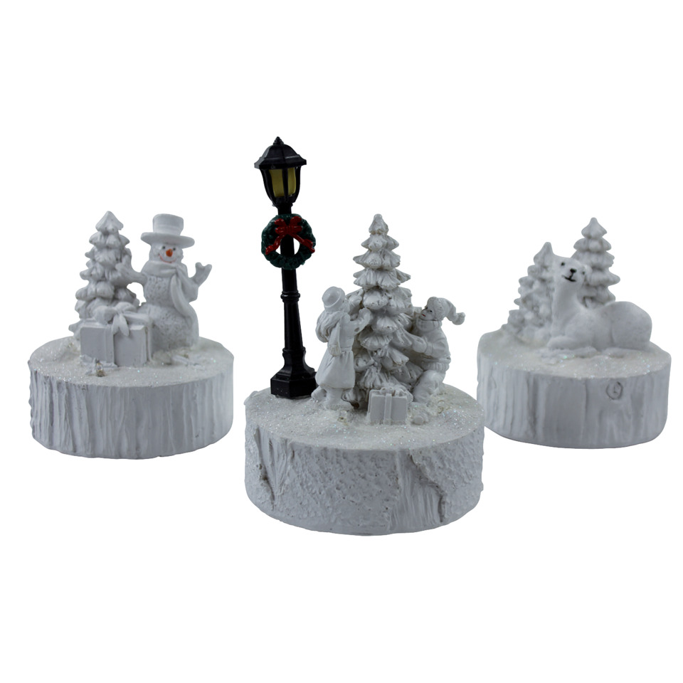 Winter scene, Snowman, Lamp post, Gift box, Wreath