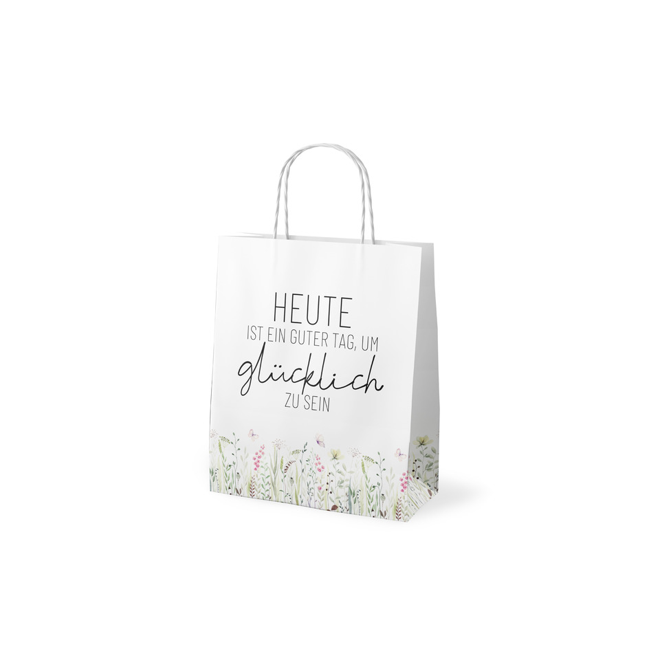 Papiertüte, Geschenkverpackung, Blumenmuster, White Tag, Spruchtext