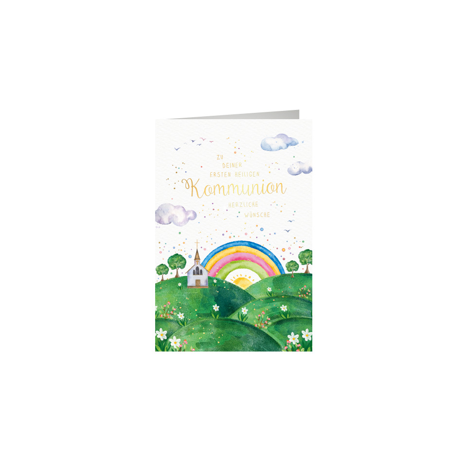 Kommunionkarte, Kirche, Regenbogen, Grüne Hügellandschaft, Blumen