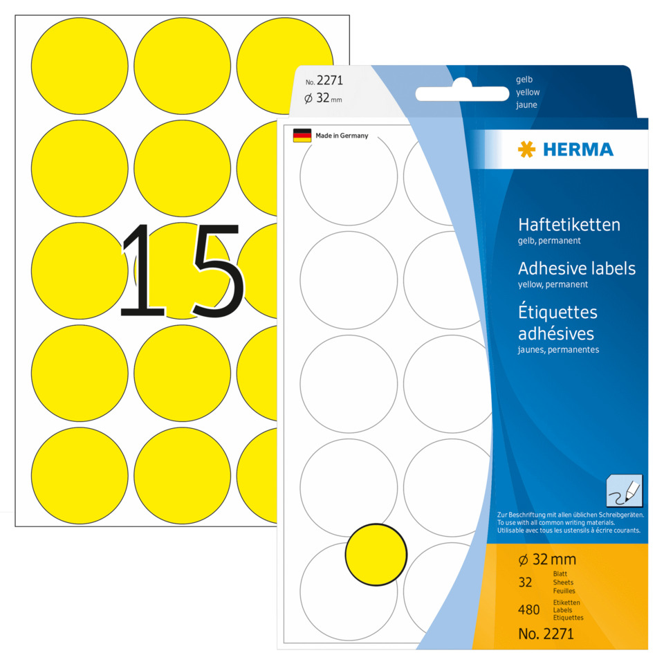 Haftetiketten, Klebepunkte, Sticker, Durchmesser-32-mm, gelb