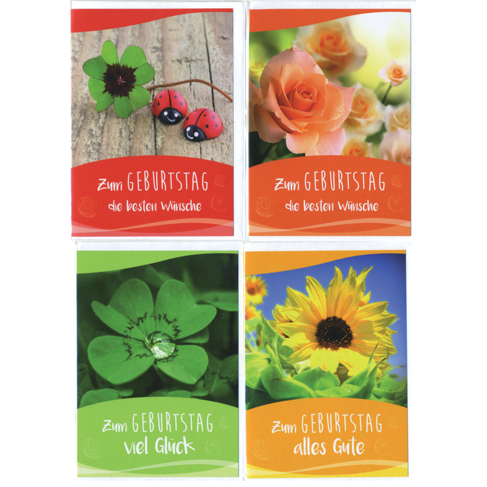 Glückwunschkarte, Geburtstag, Rose, Klee, Sonnenblume