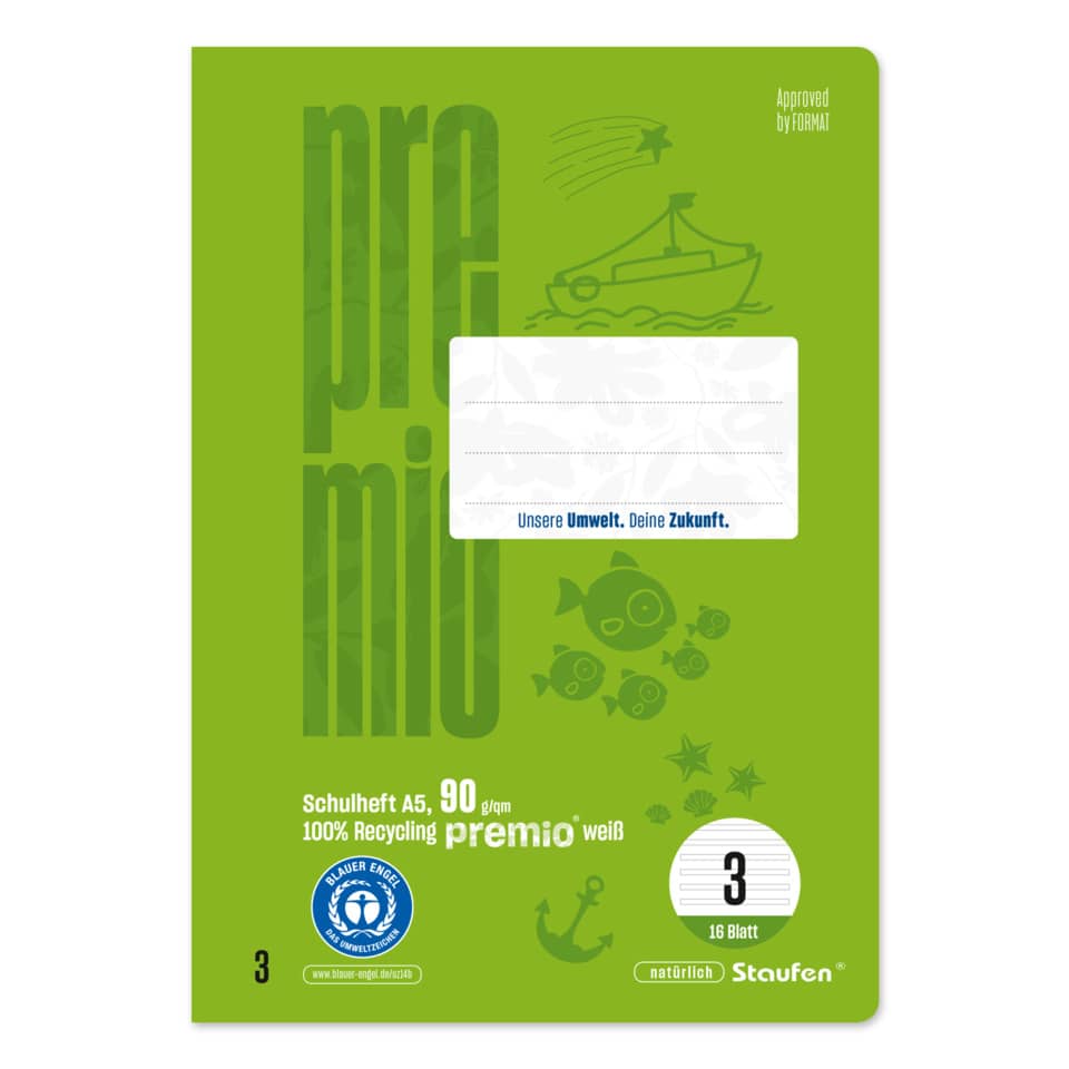 Schulheft, A5, Lineatur 3, 80 g/m², recycled