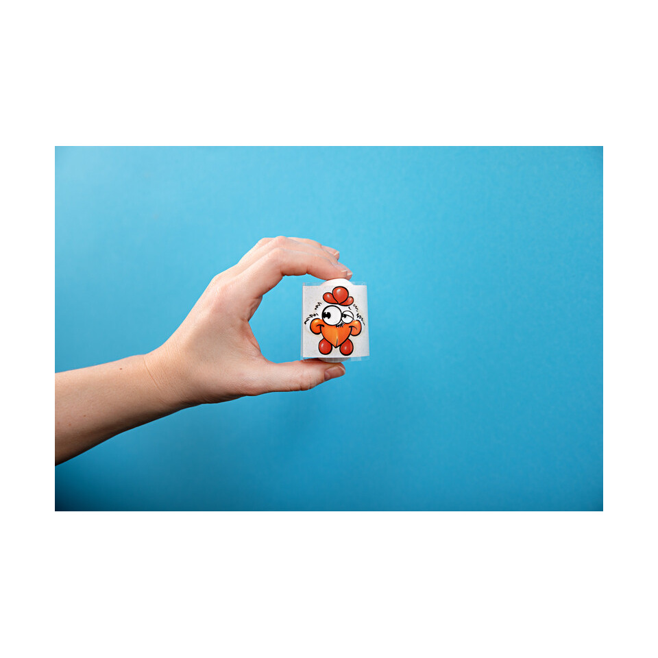 Kleberwürfel, Spielwürfel, Illustration, Cartoon, Handheld, Hand gehalten, Karte, Cartoon, Huhn, blauer Hintergrund