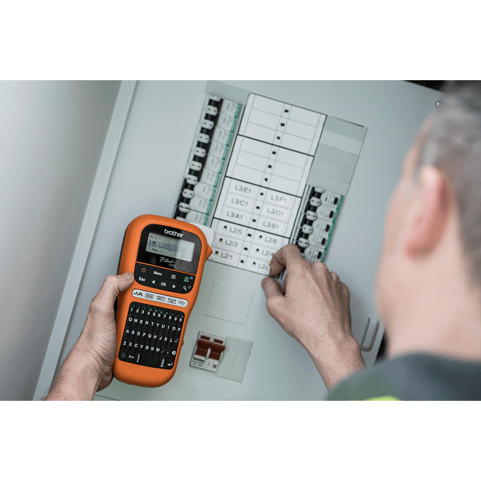 professionals, handheld device, orange calculator, electrical panel, circuit breaker