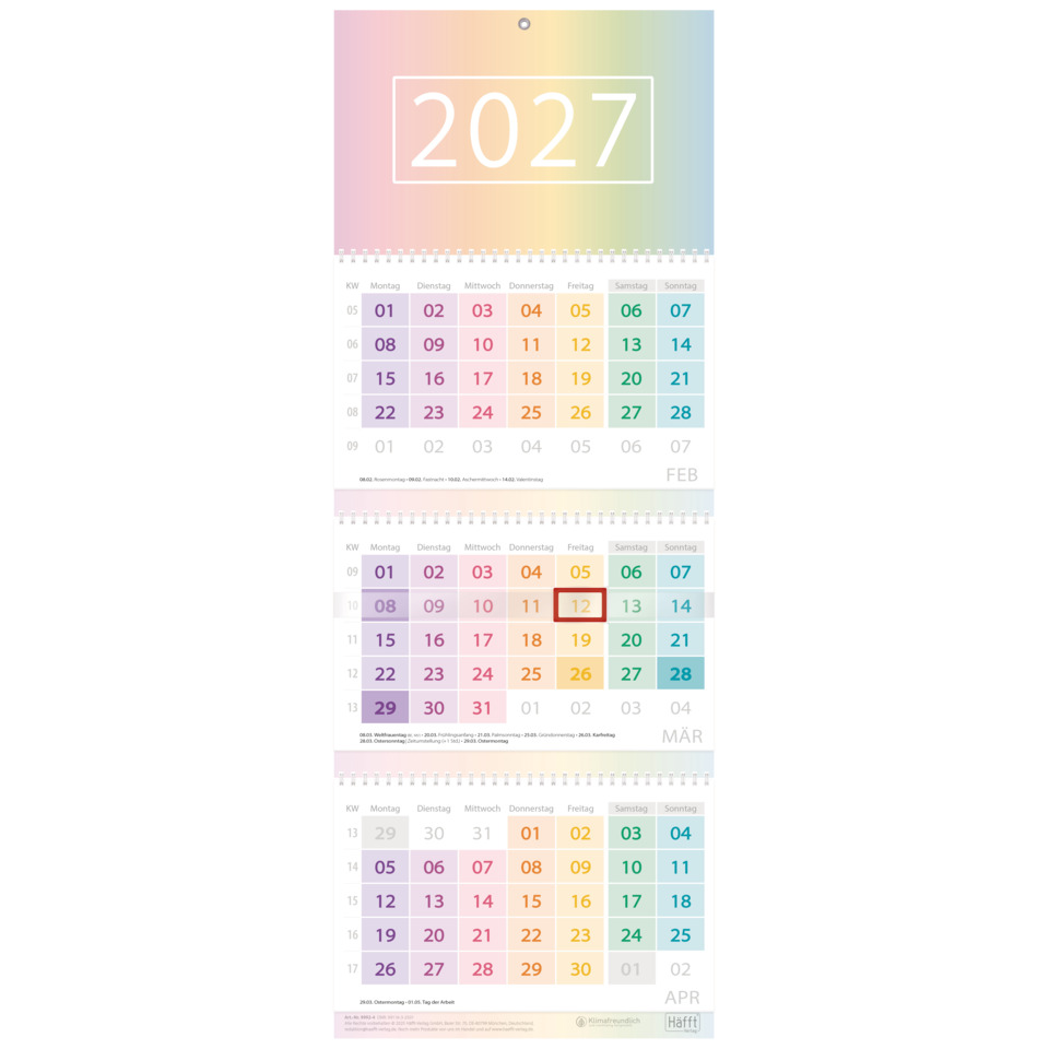 Kalender, Wandkalender, Monatliche Termine, Pastellfarben, Spiralbindung