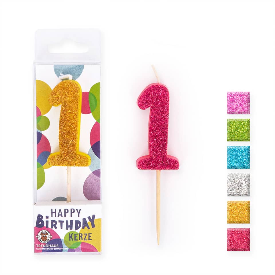 Geburtstagskerze Mini Glitter Zahl 1, farbig sortiert BIRTHDAY FUN 957696