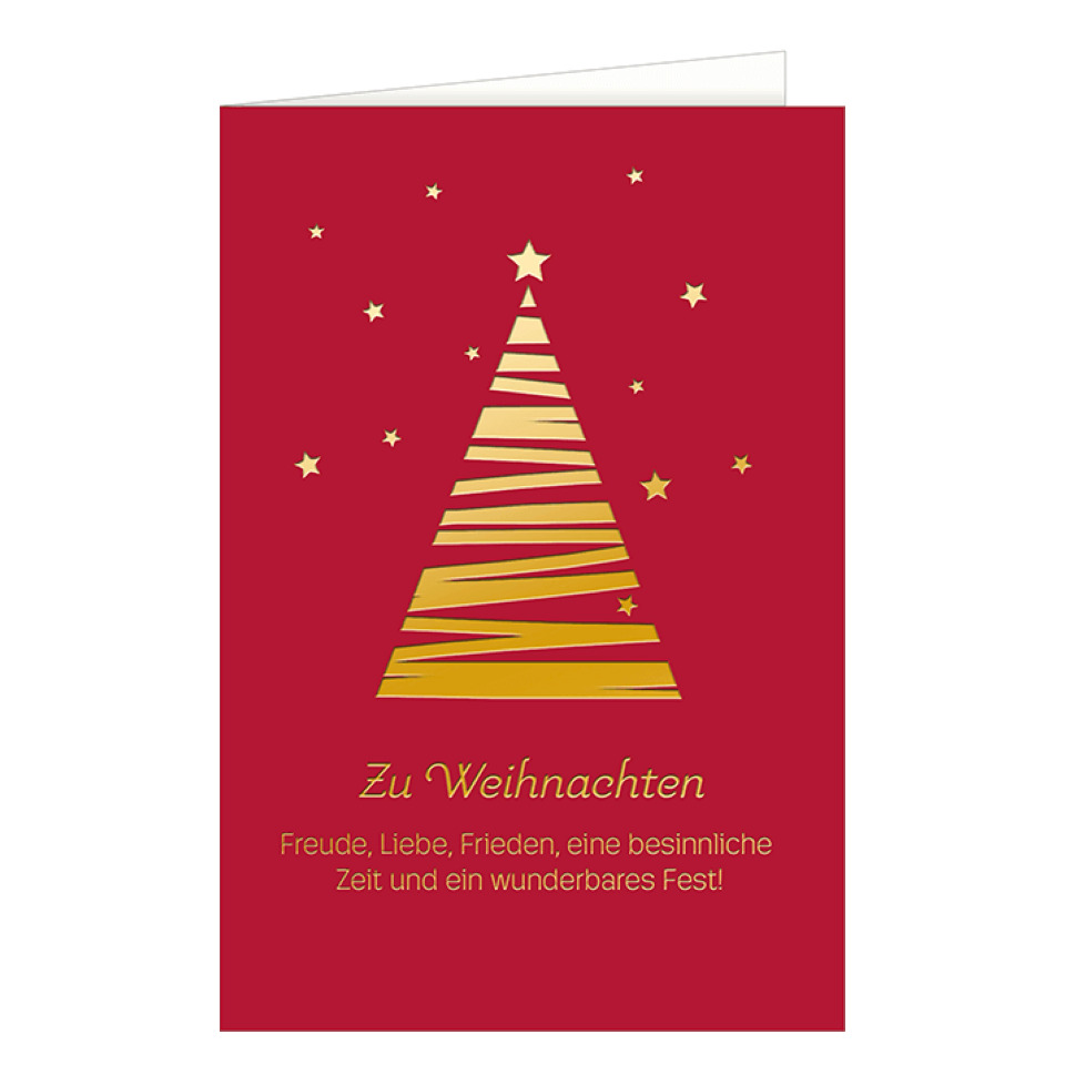 weihnachtskarte, goldene baumform, weihnachtsthema, rot, sternchen