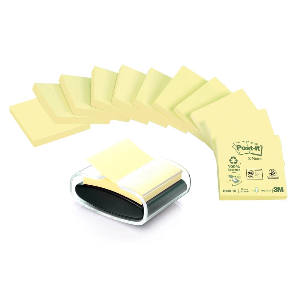 Haftnotizspender Z-Notes Recycling, inkl. 12 Blöcke Recycling Z-Notes, 76 x 76 mm, gelb POST-IT C2014Y12 Papier