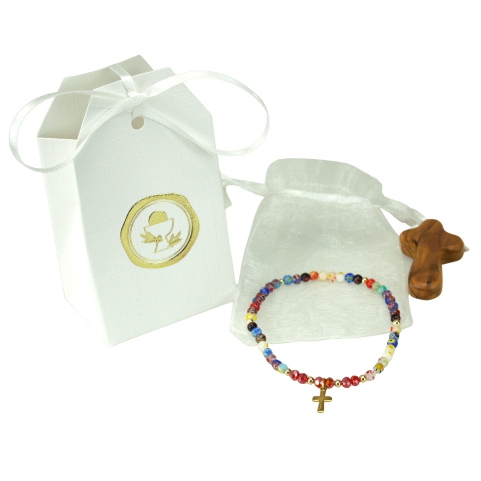Armband, Perlenarmband, Kreuzanhänger, Beutel, Geschenkverpackung