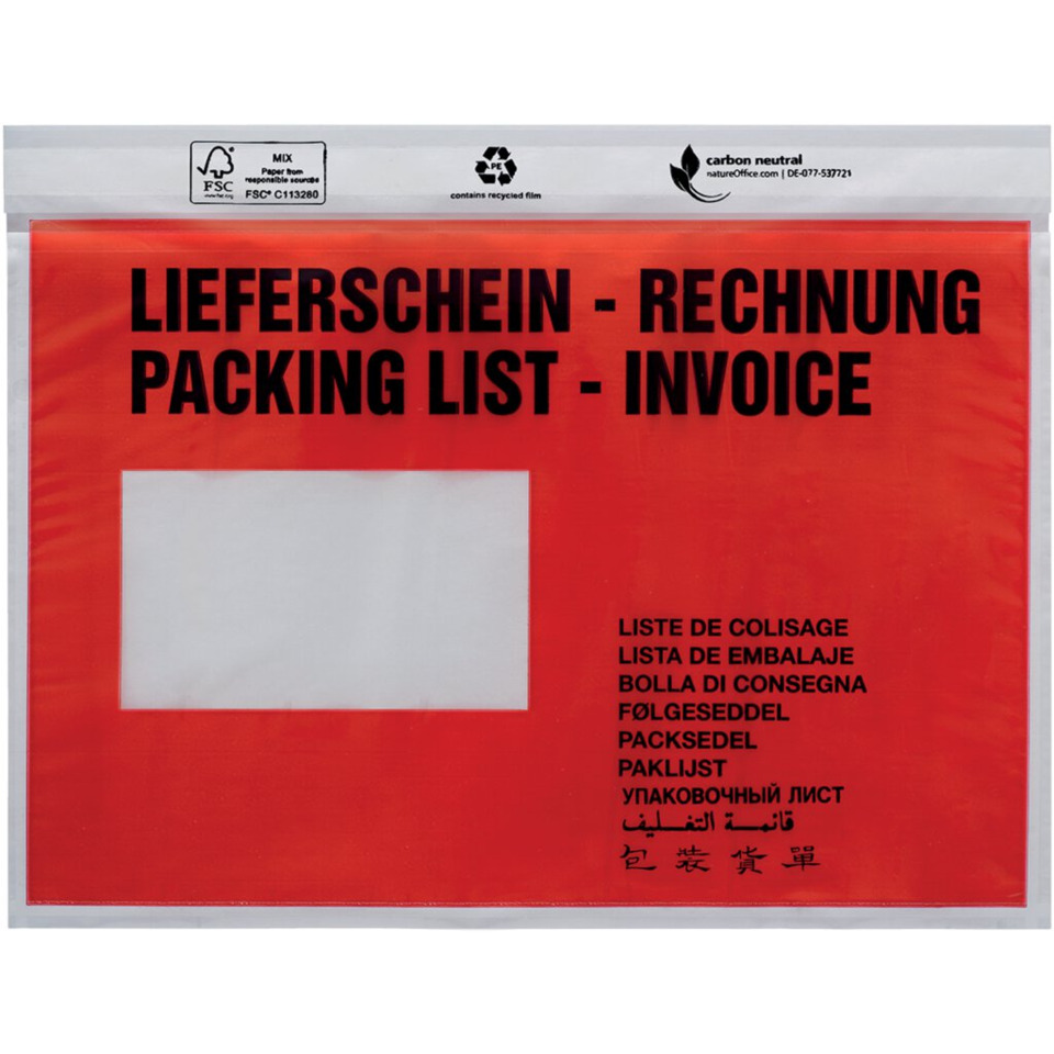 Packliste, Rechnung, rote Tasche, Plastikhülle, mehrsprachiges Etikett