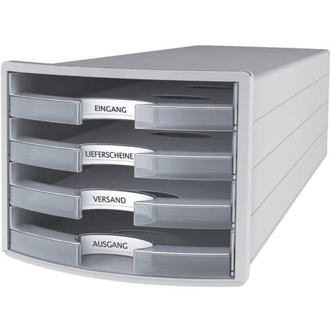 Schubladenbox IMPULS, DIN A4/C4, 4 offene Schubladen, lichtgrau/transluzent-klar HAN 1013-63