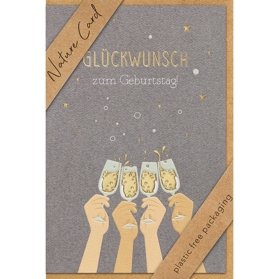 Glückwunschkarte, Geburtstag, Champagnergläser, Hände, Kartenmotiv