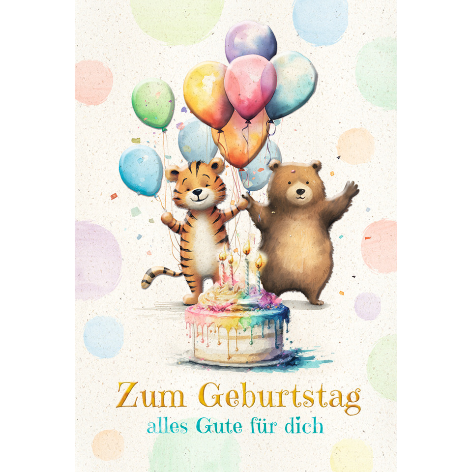 balloons, teddy bear, tiger, cake, Geburtstagskarte