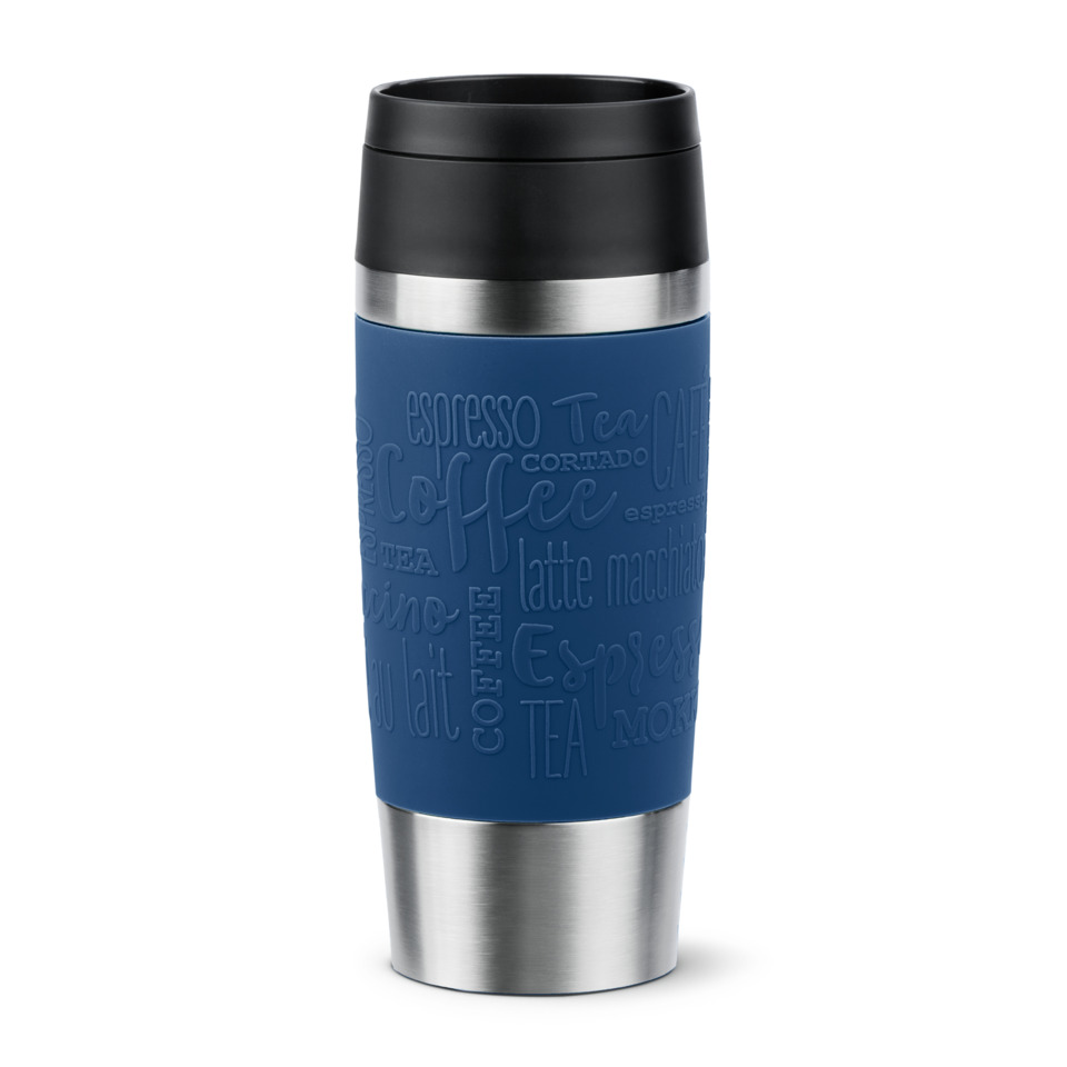 Travel mug, Insulated, Blue, Stainless steel, Embossed text