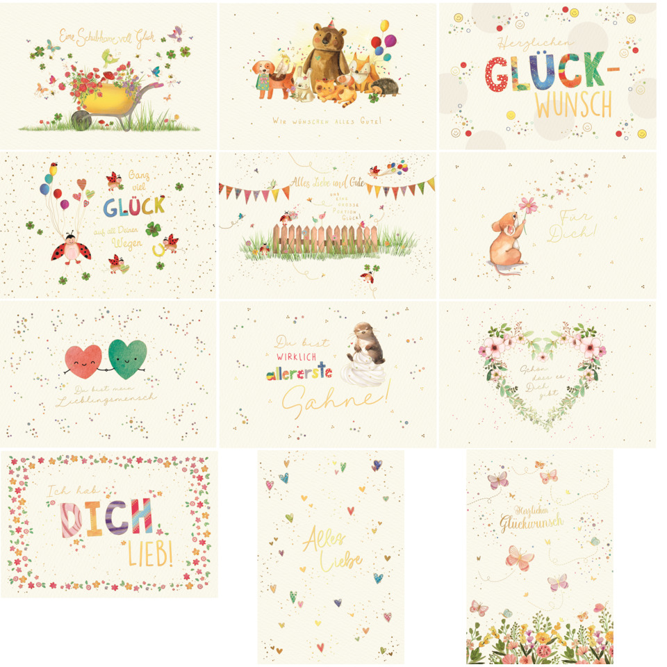 Grußkarte, Glückwunsch, Tiermotiv, Blumen, Herz