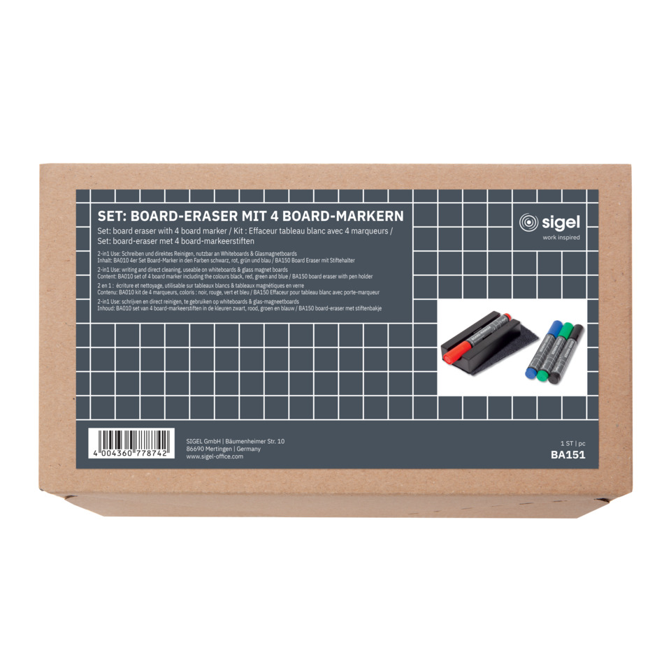 Board-Gom, 4 Marker, Set mit Radiergummi, Tafelzubehör, BA151