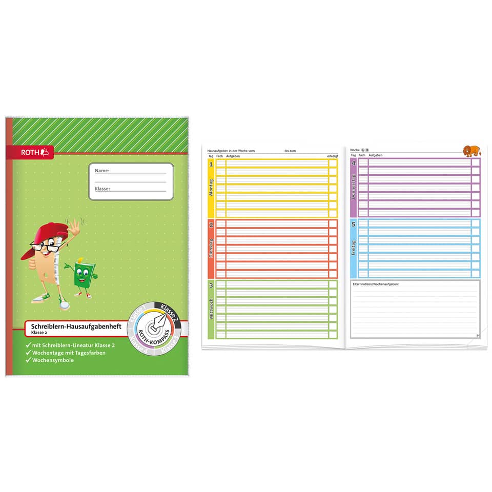 Schreibheft, Hausaufgabenheft, Klasse 2, Linierte Seiten, Klassenplanung