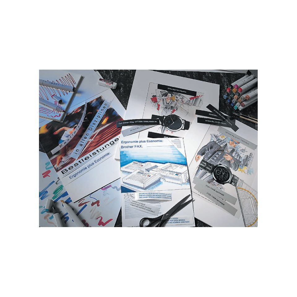 Druckmaterial, Flyer, Brainstorming, Schneidwerkzeuge, Marker