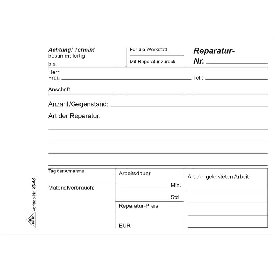 Reparaturformular, Werkstatt, Reparatur-Nr., Anschrift, Tages-/Arbeitsdauer