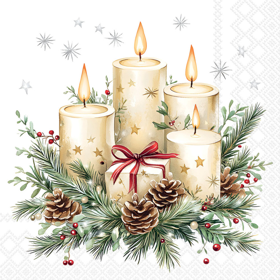 Adventskerzen, Kandelaber, Weihnachtsdeko, Pinienzweige, Geschenkbox