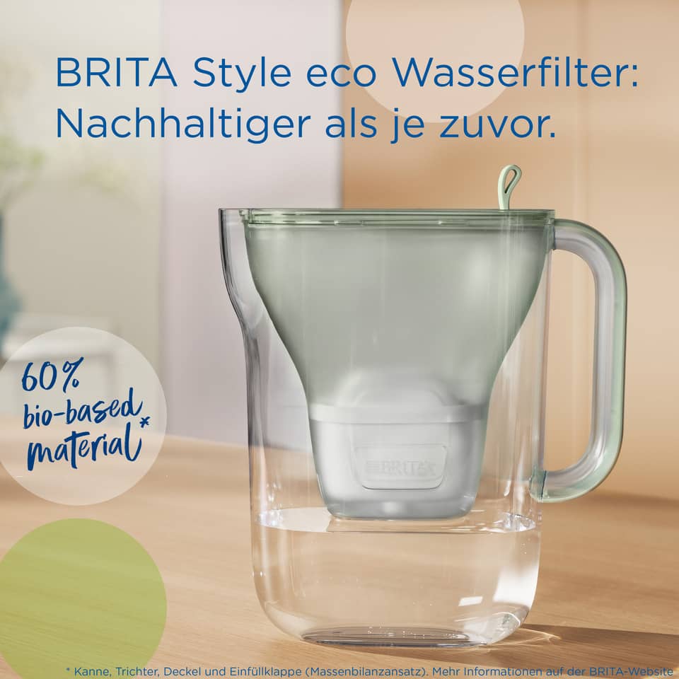 Wasserfilter, Karaffe, Glasbehälter, Biomaterial, 60 Prozent bio-basierter Stoff
