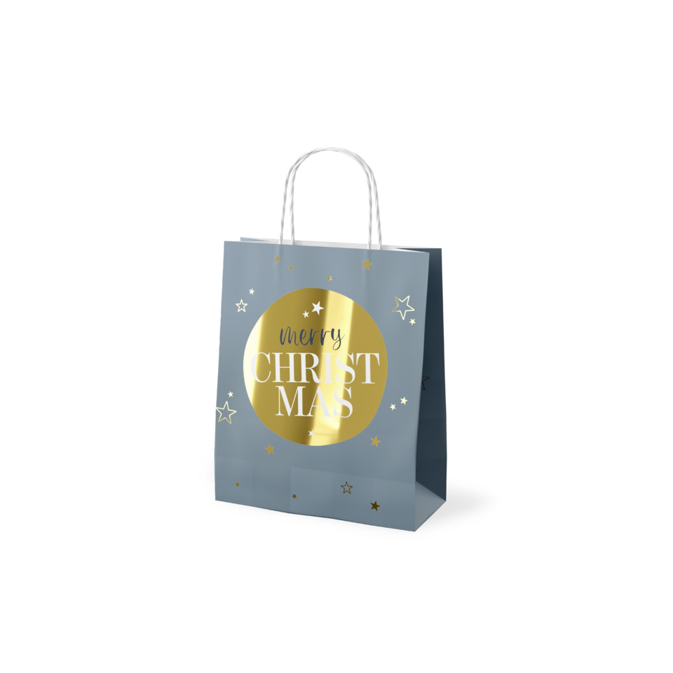 Geschenktüte, Weihnachtstasche, goldener Kreis, Sterne, blaues Beutel
