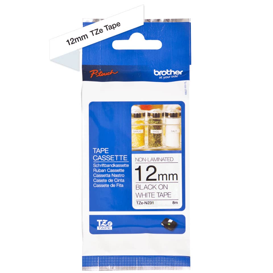 Tape, Cassette, 12mm, Schwarz auf Weiß, Nicht laminiert