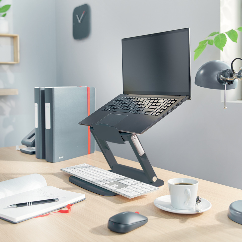 Laptop stand, Laptop, Desk setup, Keyboard, Mouse