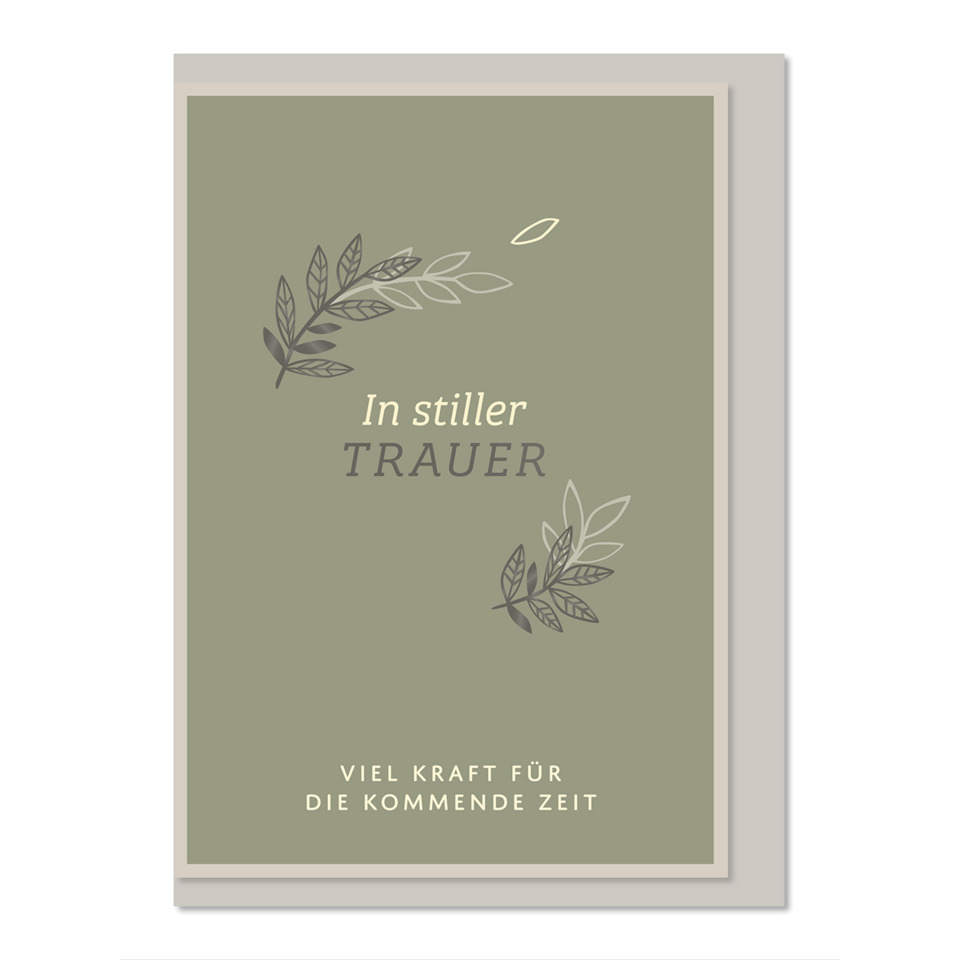karte, trauer, grün, blattornament, spruch