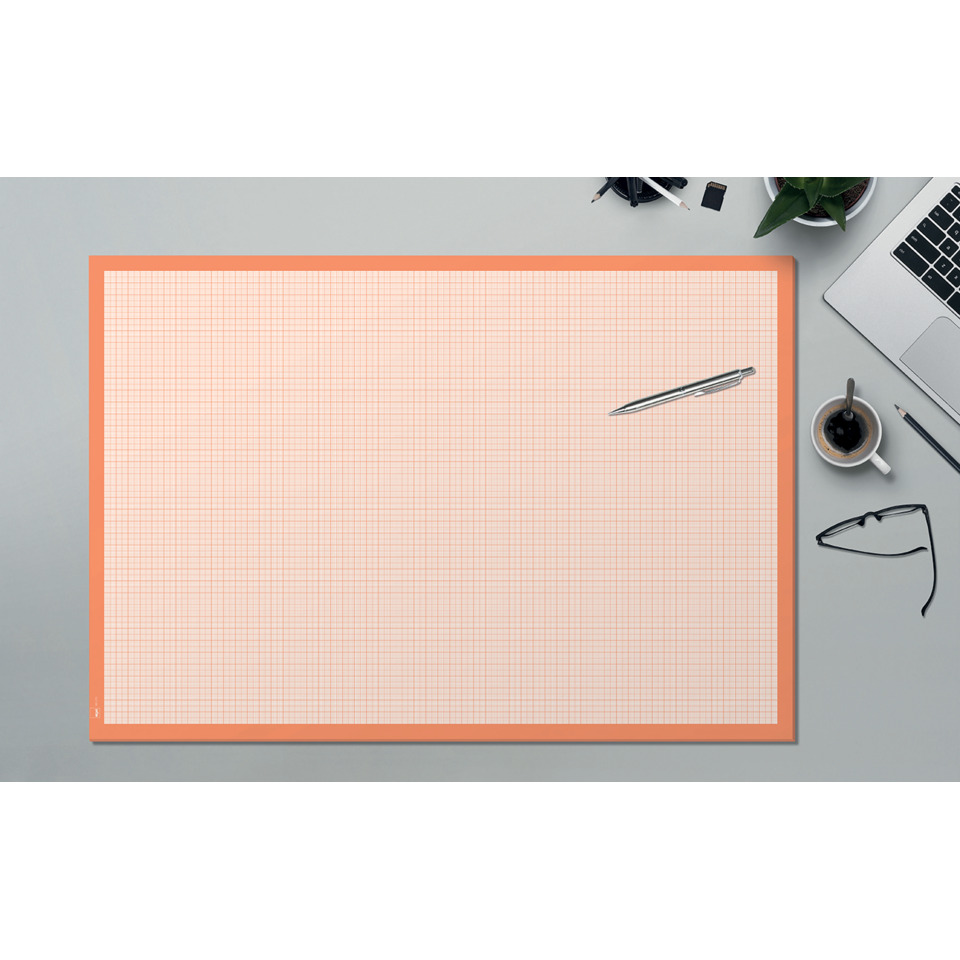Plotterpapier, Gezeichnetes Grid, Schreibtisch-Setup, Blaue Schreibtischplatte, Lineal und Stift