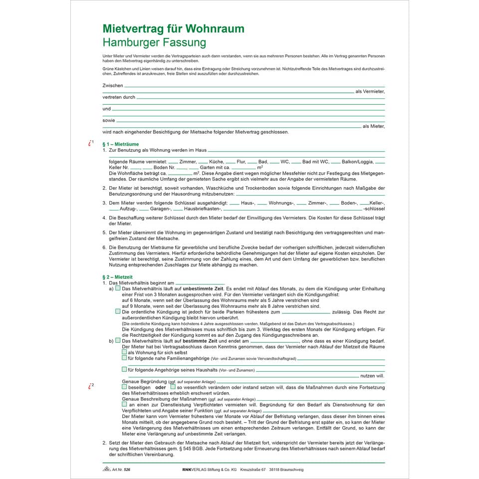Mietvertrag, Wohnraum, Hamburger Fassung, Vertragstext, Mietvertrag Form