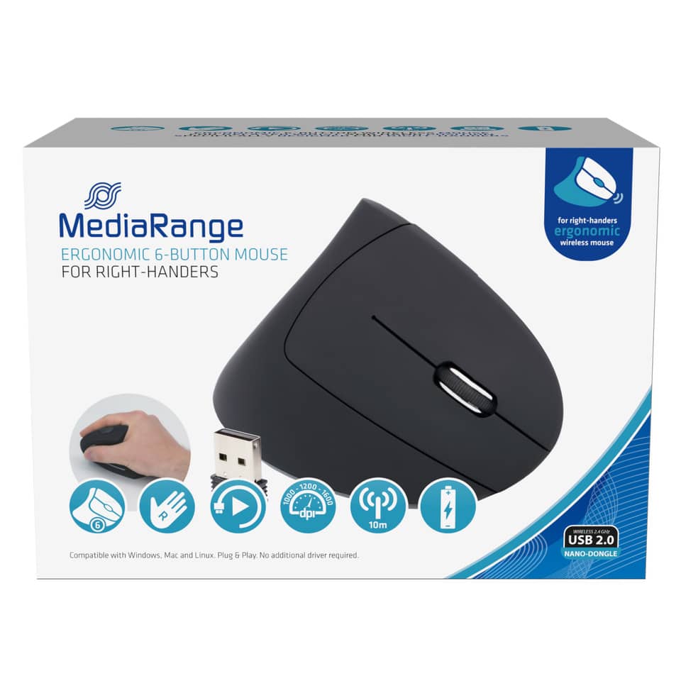 ergonomischer Maus, 6-Tasten Maus, Rechtehänder, USB 2.0 Maus, Nano-Dongle