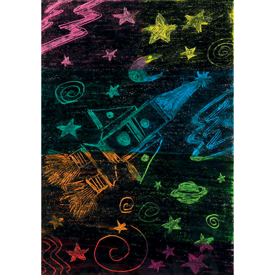 Kreidewand, Neonfarben, Rakete, Sterne, Weltraum-Doodle