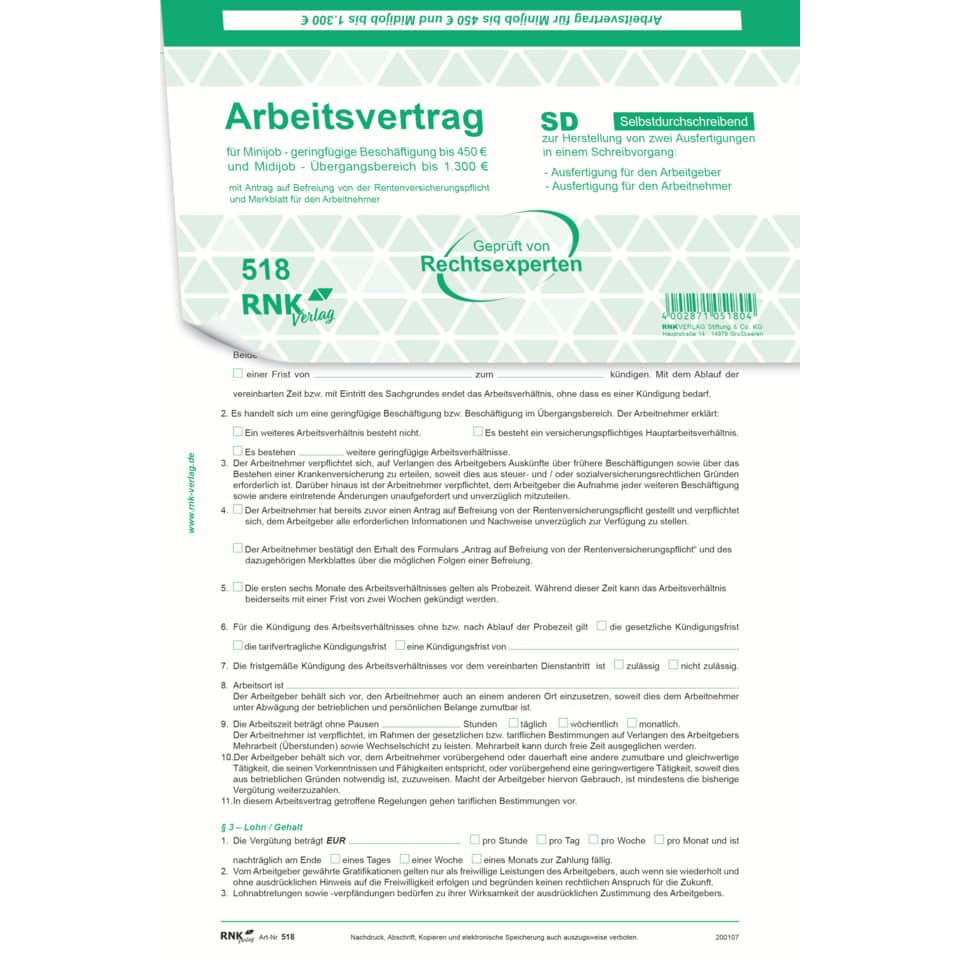 Arbeitsvertrag, Papiervordruck, Formular, Papierdruck, Druckvorlage