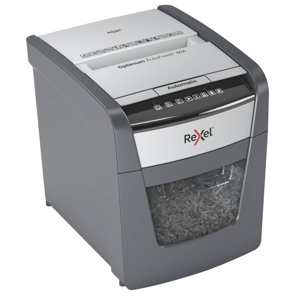Schreibtischschredder, Papierschredder, automatischer Shredder, grau, Schubladenfenster