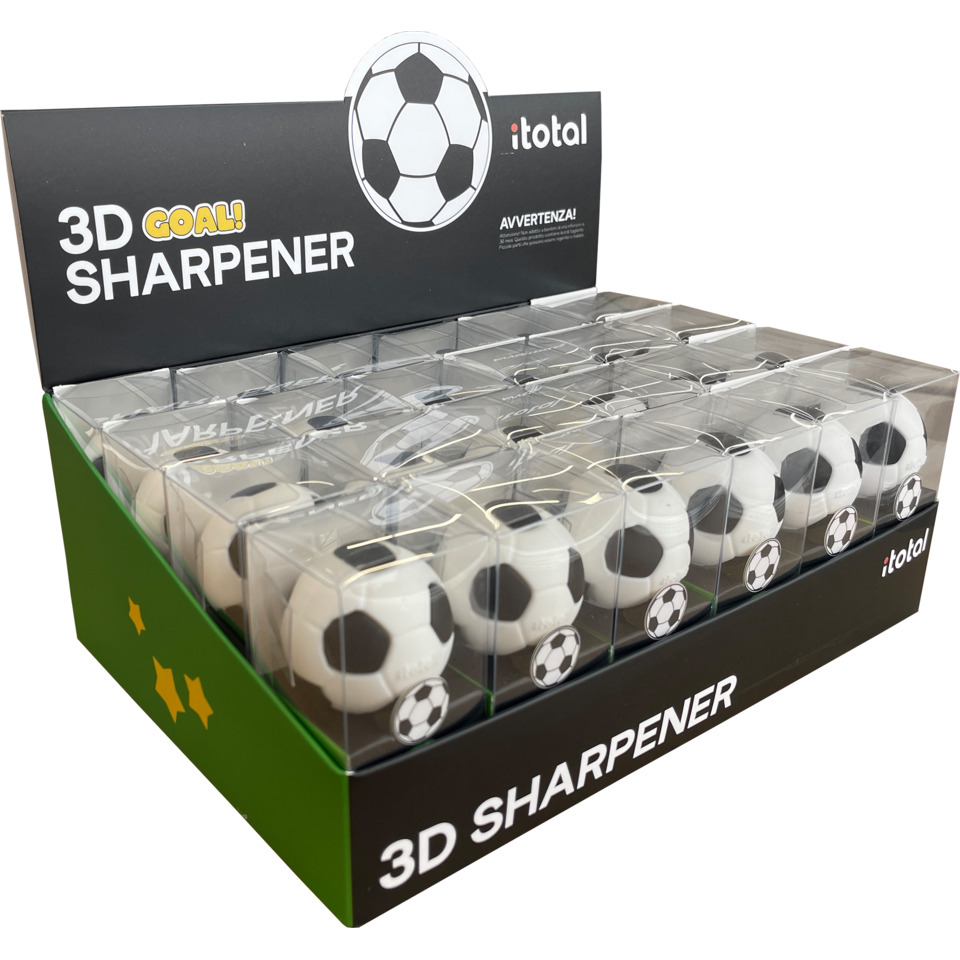 3D Sharpeners, Soccer ball design, White/black balls, Transparent display, Boxed display