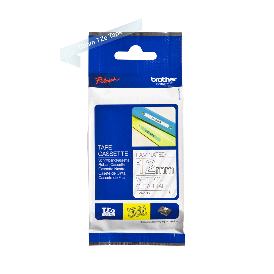 Tape, Cassette, 12 mm, Weiß auf Transparent, Laminiert, Tape, Kassette, 12mm, Weiß auf transparent, Laminiert