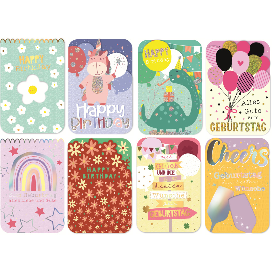 Birthday cards, Cartoon dragon, Balloon motif, Floral pattern, Confetti stars