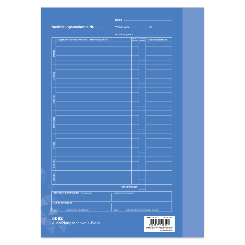 Ausbildungsnachweis, Ausbildungsblock, Formular, Stundenzettel, Monatsplan