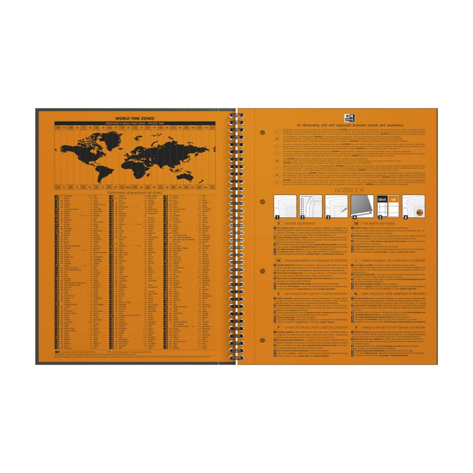 orange notebook, spiral bound, world map, grid table, instructions page