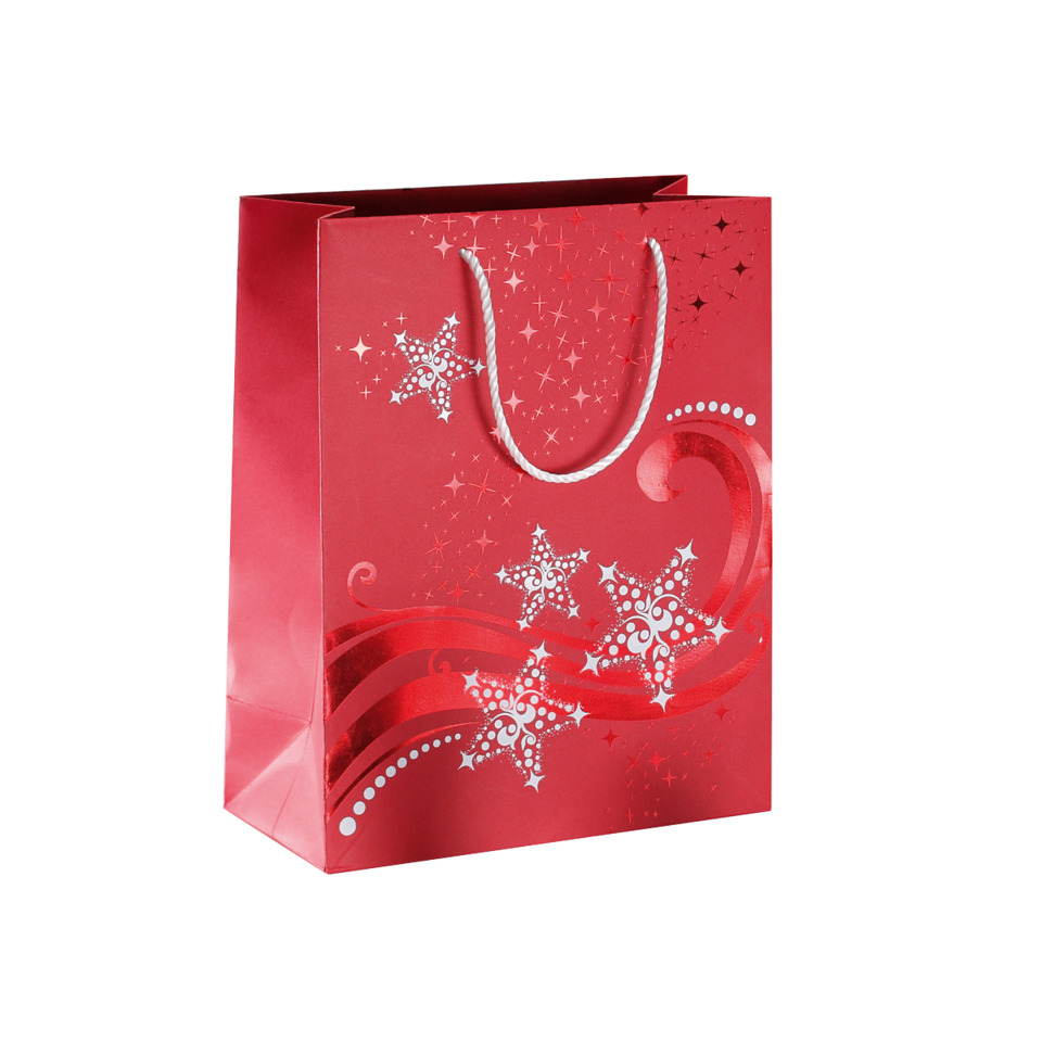 Geschenktasche, Rot, Weihnachtsmotiv, Glitzerstern, Muster, Geschenktüte, Weihnachtsdesign, Rote Tüte, Schmucke Muster, Tragegriff aus Schnur