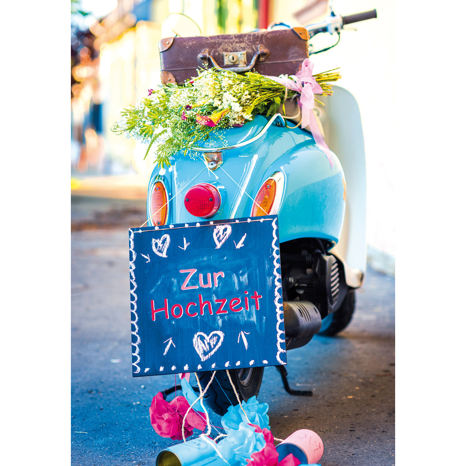 Hochzeitsdekoration, Scooter, Blumen, Kladde/Banner, Fahrrad/Veloscooter