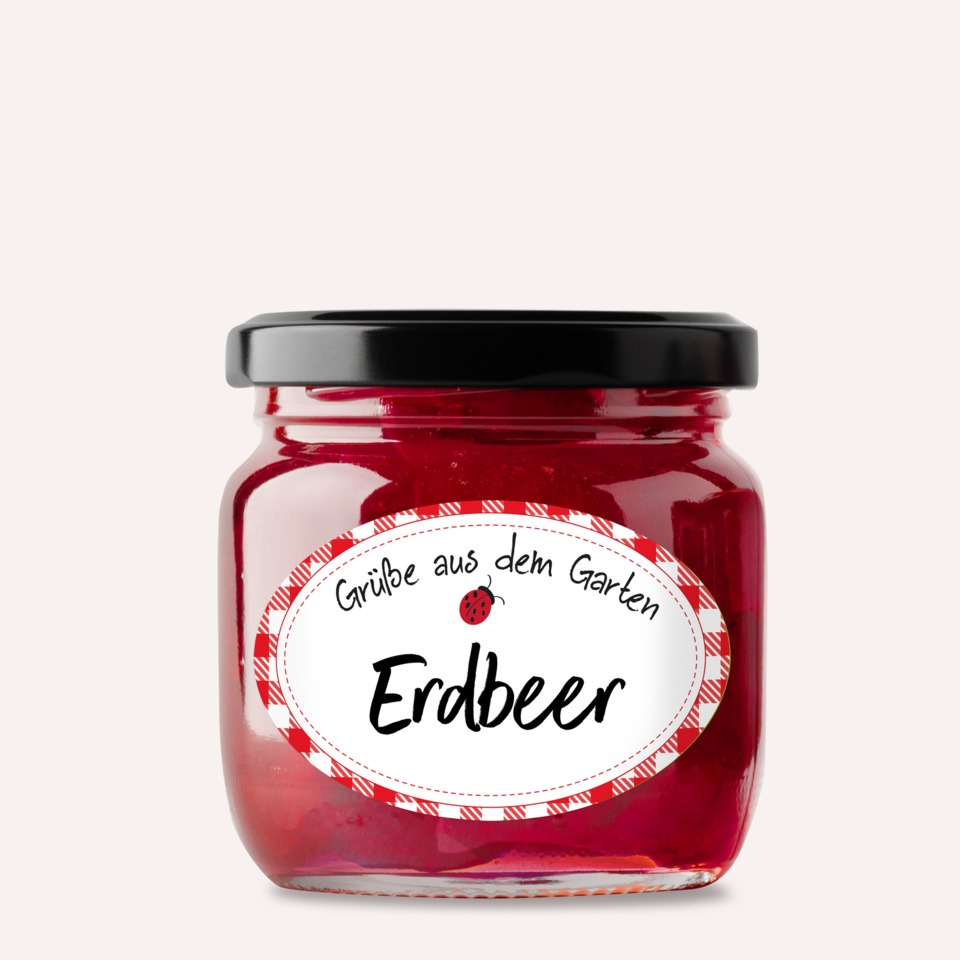 Erdbeer-Marmelade, Glas, Rot, Hygiene/Glass jar, Etikett