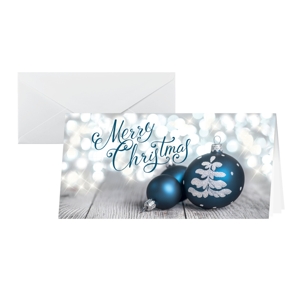 Weihnachtskarte, Glitter, Hintergrundlichter, Blau, Baumkugeln, Merry Christmas