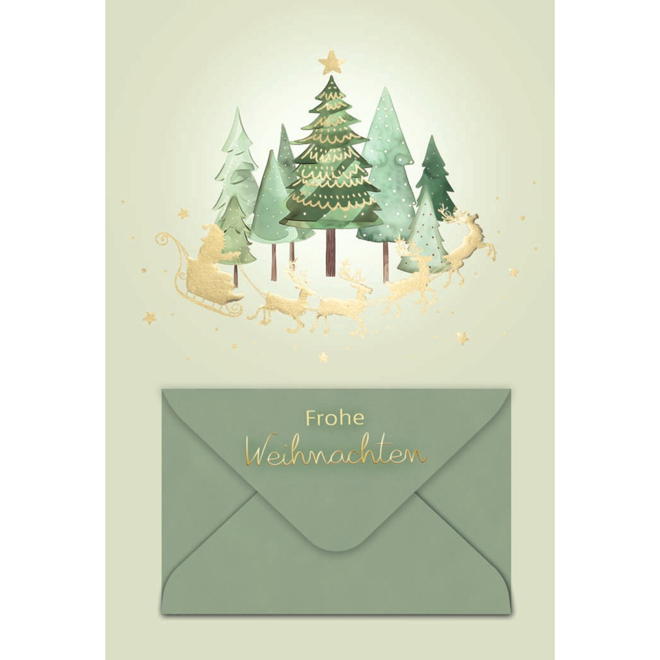Weihnachtskarte, Weihnachten, Tannenbaum, Schlitten, Briefumschlag